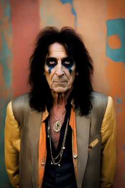 head and shoulders portrait, Alice Cooper - a multicolored cement wall in the background,