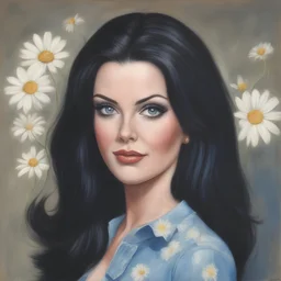 Priscilla presley, long straight black hair, , big blue eyes, high cheeks, jeans, ,a daisy, in the style of Margaret Keane