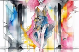 A beautiful woman with knee-length curly pink hair, wearing a spider-sleeved ankle-length tie-dye kaftan and silver high-heeled sandals, double exposure, merged layers, watercolor and black ink outlines, soft, shading strokes, cracked marble holographic background, the cracks are golden S<AI in sunshine