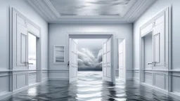 A minimalist white room with sleek, futuristic doors leading to different historical eras, the ceiling an inverted ocean reflecting a stormy sky, waves crashing above, creating a dramatic contrast.
