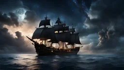 pirate ship, sailing on a body of water under the night sky with stars and clouds above it, (storm:1.4), (meteorite in the distance:1.2), David Martin, cinematic matte painting, detailed matte painting, fantastic art