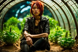 Unground solar punk tunnels, cinematic, dof background a, dystopian, sci-fi, award winning, Yui in a garden, National Geographic, breath taking, oxygen farm but outside is a desert