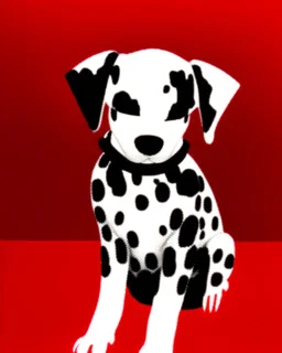 dalmatian puppy, tilting head, sitting on kitchen floor, red collar, black paw prints on floor