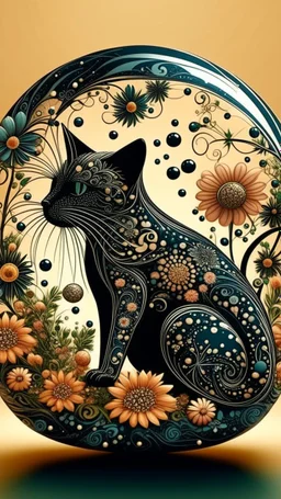 A beautiful silhouette cat illustration in zentangle patterns in the old world aesthetics in artistic style of gustav Klimt