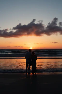 A man and woman standing the beach watching the sunset