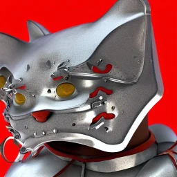 Chat, Modélisme trois dimensions, anthropomorphique, habillé comme un samurai, armure très détaillée, argent, rouge sang, réalisme