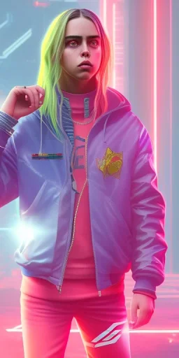 Billie Eilish, in stockings, cyberpunk2077, photorealistic