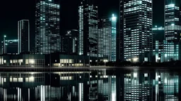 Modern scyscrapers in the night reflecting in still water