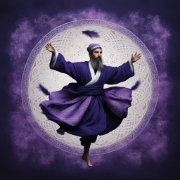 Hyper Realistic Sufi Whirling with Purple & White, Islamic Sufi Rustic Grungy navy-blue Patterned-Background at night with black fog & mini feathers around