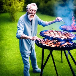 crazy man in his sixties in his yard, having a barbecue