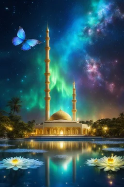 wonderful night islamic Mosque golden shining colors of a magic lake full of lotus flowers and nebula Aurora background with sparkling white stars tiny electric blue butterflies