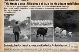 newspaper front page: title is "This man made a mistake in the dosage of his medication and is now a goat." the caption of the photo "Before (as a man) and After (same as a goat)" they look so similar