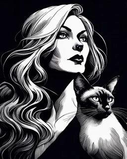 PROMPT: Monochrome ink illustration of a mature woman with long silver hair, eyes gazing upward, lips parted in thought, a Oriental shorthair Siamese cat draped on shoulder, staring sideways with sly expression. Deep shadows emphasize contours and texture. Bold hand-drawn lines, scratched ink details, black background creates isolation. Gothic comic aesthetic, vintage pulp tone, emotional stillness, surreal tension, expressive portrait in graphic noir style