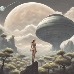 slim Sci-fi pin-up girl on an alien planet of cloud trees