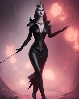 old evil queen in black leather gown, femme fatale, volouptous, busty, cleavage, angry, emperious, 8k resolution concept art portrait by Greg Rutkowski,