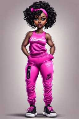 Create an airbrush image of a curvy chibi cartoon black female wearing a hot pink jogger set and black sneakers. Prominent make up with hazel eyes. Extremely highly detailed of messing curly bun