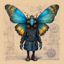 Jean-Baptiste Monge style hand drawn technical,full body portrait illustration , with detailed blueprints and engineering schematics of a walking hybrid Madagascan sunset moth insect girl, with highly detailed facial features, drawings, and technical notation, 8k, vibrant natural colors