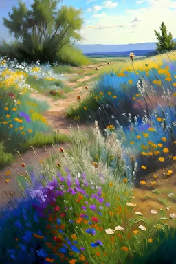 painting in oil of landscape of several kinds of wildflowers, oilpainting, ultrasharp, realistic colors