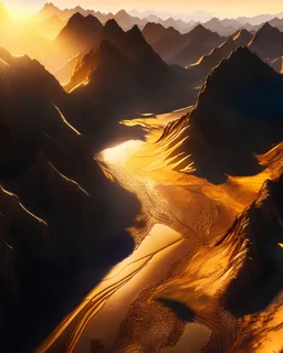 A breathtaking aerial view of a rugged mountain landscape, with jagged peaks, deep valleys, and winding rivers creating a sense of scale and grandeur. The scene is bathed in the golden light of the setting sun, casting long shadows and illuminating the landscape in a warm, radiant glow. 16K resolution, dramatic lighting, and a sense of adventure make this image truly awe-inspiring.