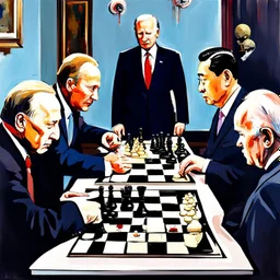 Putin, President Xi Of China And Joe Biden Play Chess With A Pigeon,Ufo And Atomic Bomb Mushroom Cloud,Complex Surgical Instruments Intermixed With A Newborn Boy,Minimalism,Painting By Adrian Ghenie,Rene Magritte,Pablo Picasso,Michelangelo,Salvador Dali,Lucian Freud