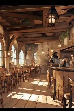 People sittinf around tables in a medieval tavern