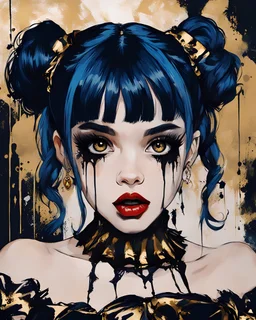 Poster in two gradually, a one side malevolent goth vampire girl face and other side the Singer Melanie Martinez face, painting by Yoji Shinkawa, darkblue and gold tones,