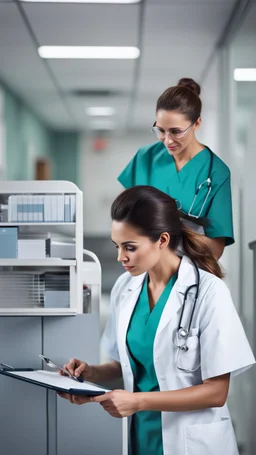 photorealistic hyperdetailed portait of a doctor and a nurse looking at a clipboard in a hospital