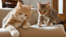 Two Funny cats on the sofa fighting