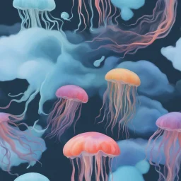 a 3d painting of jellyfish with colorful fish and clouds, in the style of dark and chaotic, light black and light aquamarine, animated gifs, site-specific works, gossamer fabrics, flickr, fluid and gestural --ar 35:52