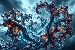 Dynamic complex hypnotic fractal 3D structures twisting and morphing between organic and geometric forms with Symmetry, smooth translucent iridescent glass with inner glow and bubbles, varied transparent materials, stormy skies, intense dramatic