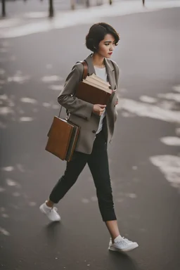 color photo of a student girl 22 years old ,short hair with her books in her hand walking in street,next to trees.