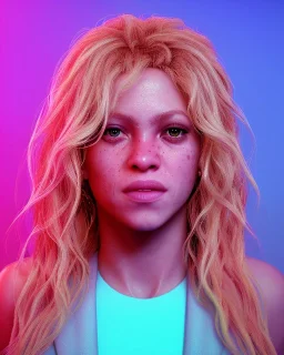 portrait, Shakira, blonde artist, Realistic image, drinking a strawberry milkshake, pink line make-up, sweat, fog, goddess style, Neon colors, leds. Color background, photo studio, concept art, smooth, unreal engine 5, god lights, ray tracing, RTX, lumen lighting, ultra detail, volumetric lighting, 3d, finely drawn, high definition, 4k.