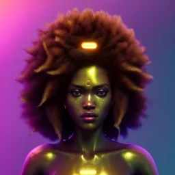 Pretty cyber woman, afro hair, sci-fi, rounded face, black, gold, brown, samurai style, retro, simetric, neon style, a lot of led lights, fog, rain, leather, vibrant color, highly detailed, art stations, concept art, smooth, unreal engine 5, god rays, ray tracing, RTX, lumen lighting, ultra detail, volumetric lighting, 3d, finely drawn, high definition, high resolution.