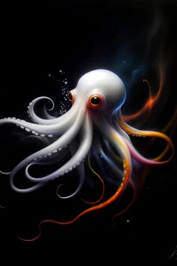 a realistic small white squid with long tentacles floating in a black ocean with bursts of vibrant ink in bright colors surrounding