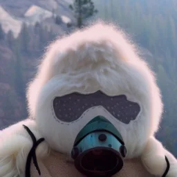 Yeti in a mask, background = (wildfires, mountains, fires, smoke, disaster)