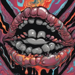 Surreal digital illustration of only a floating mouth that is puking out a psychedelic love spell, spilling from the large pair of cartoonist , overexaggerated lips, manga inspired, absurdist, postmodern, only black and grey color palette, crude, fluid acrylic paint, epoxy resin , acrylic pour, unusual colors, trippy, gross, abstract, pulp fiction art style illustration, realvsx