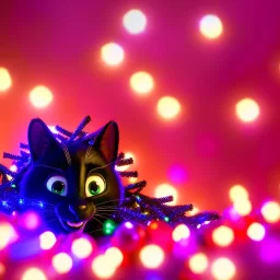 black Cat tangled up in christmas tree lights holiday