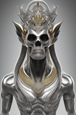 shiny black male African Egyptian alien, cracks in the voodoo head, wicked, eyes, crown, Elephant, 8k, finely detailed, photo realistic, tiger turquoise skull head gold dragon space alien snow skeleton gold hornytoad silver crown silver eyes