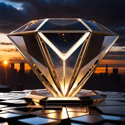 In a mesmerizing scene, envision 4 diamond and silver and gold symetric hexagonal prism repeating 3d mandelbolb fractal structure against the backdrop of a gleaming modern futuristic future stormy sunset cityscape. Suddenly, without warning, the hexagonal prism begin to collapse and cascade to the floor, creating a symphony of light and sound as they shatter into a myriad of sparkling fragments. Explore the juxtaposition of beauty and destruction in this captivating moment.