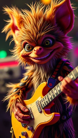 a psychedelic fuzzy muppet show gekko gremlin grinning rock star with club guitar in the style of Fallout 4 and Giger, bokeh like f/0.8, tilt-shift lens 8k, high detail, smooth render, down-light, unreal engine, prize winning