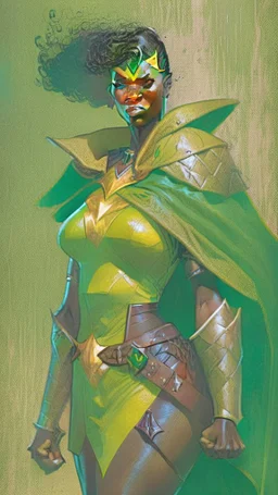 A tall woman with tanned skin. Her face, marked by the years, always has a smirk on it, showing her superiority in the eyes of the others. She is dressed in leather armor and wears a yellow and green cape. A scar runs from her right ear to her neck.