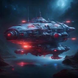 highly detailed old large space ship floating on river , subtle blue subtle red lights , blue exhaust, antennas, luminescent , 35 mm focal length