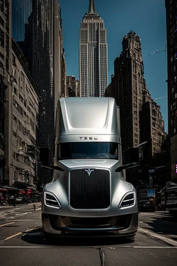 A Tesla semi-truck is parked, near the "Empire State Building' in New York. CINEMATIC. WIDE ANGLE LENS. PHOTO REAL.
