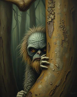 Bosch painting style, nightmare , a shy strange looking hairy creature hiding behind a tree , showing half of his body and face from behind the tree