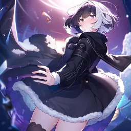 floating in air, backflip,{{anime}}, detailed beautiful short hair,{{fluffy hair}}, delicate and intricate hair, black loose raincoat with hood, purple and black eyes, blush, beautiful detailed eyes, {beautiful face}, cinematic light,{masterpiece}, beauiful illustration, offical art, upanime