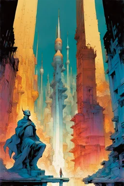 create a wildly imaginative illustration of an ethereal, otherworldly , vibrant , thriving, antediluvian statuary city, fluid organic architecture, in the comic book art style of Bill Sienkiewicz, Mike Mignola, and Jean Giraud Moebius, finely drawn, colored and inked, suffused with dramatic natural light and shadow