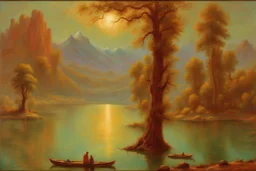 lake, trees, sci-fi, mountains, galactic cosmic influence, friedrich eckenfelder and hans am ende impressionism paintings