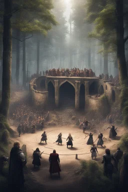 fantasy medieval tournment arena into the woods with people fighting