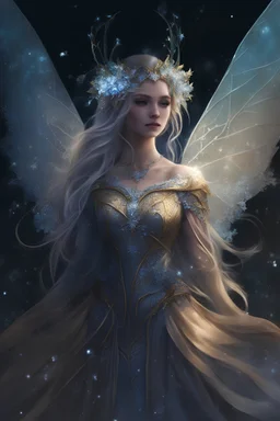 Elven princess,dark blue,blonde gold hair,curly thick long hair ,rapunzel hair,very long hair,golden armor,light blue,ice flowers,ice crystals,snow,sparkle elven crown,elven ears,dark fairy princess,beautiful,frozen ivy