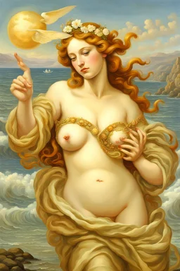 a striking painting of the birth of Venus, as she arrives on the shore, on the shore there are modern life ladies with facelifts, Botox lips, too much makeup, fake beauty , they look at her jealously as their fake beauty cannot overshadow the natural beauty of Venus